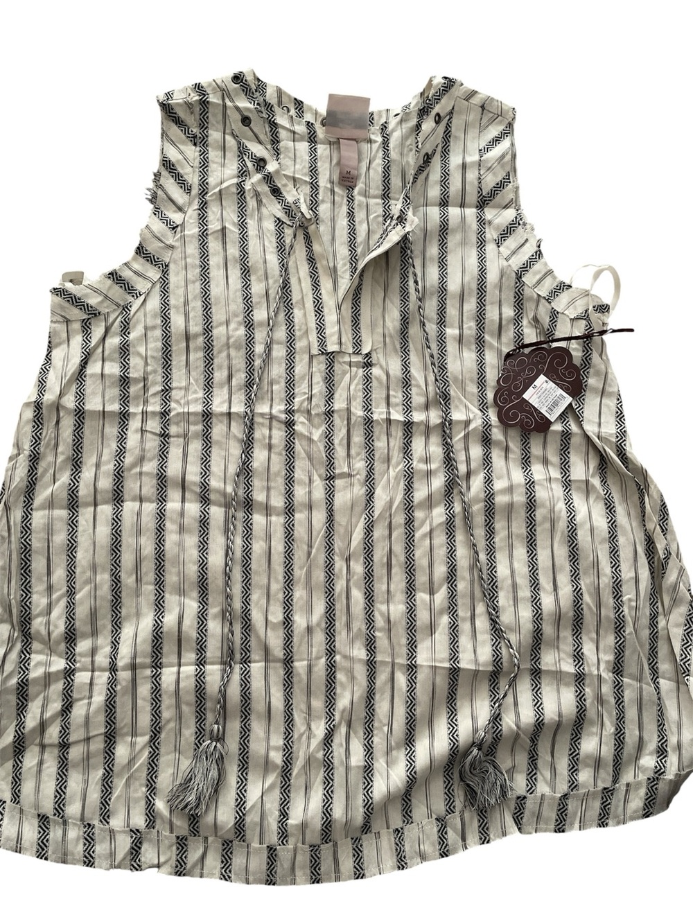 Knox Rose Black & Cream Striped Tassel Blouse